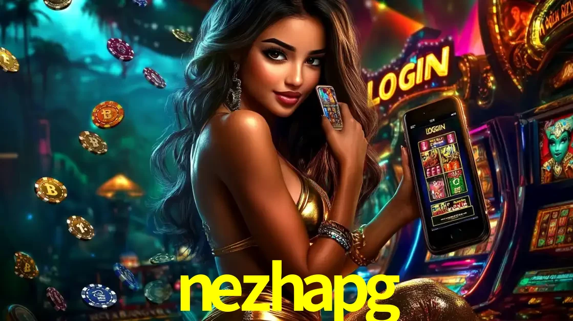 Mulher em um cenário de cassino temático de aventura, mostrando o app de caça-níqueis da nezhapg no celular. Fichas de apostas flutuam ao redor.