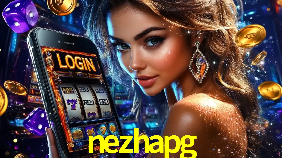Mulher glamorosa segurando um smartphone com a tela de login para os jogos de caça-níqueis do cassino online nezhapg, com moedas de ouro e dados ao redor.
